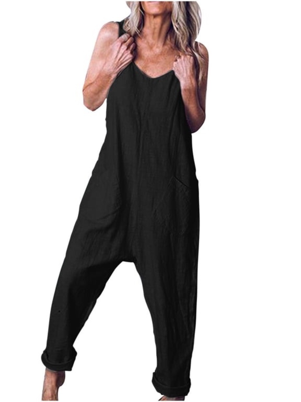 Natural Life Black V Neck Sleeveless Tie Romper Jumpsuit Cuffed Ankle Pockets OS